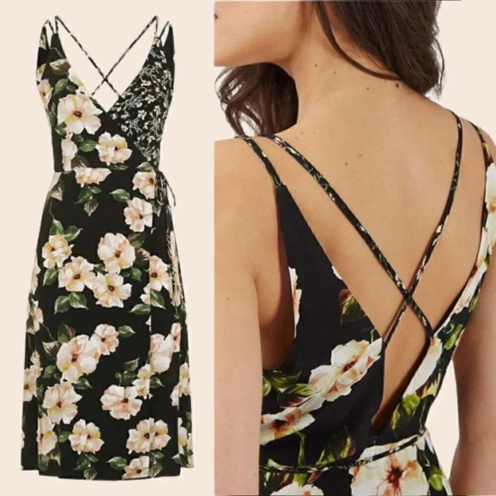 Topshop Busy Garden Black Floral Wrap Midi Dress Size 4 - Picture 2 of 13